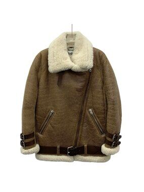 Acne Studios Dark Brown Buckle-Detail Shearling Leather Zip Jacket